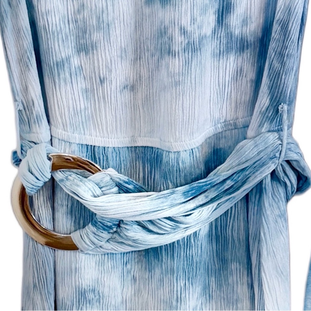 VENUS Sky Blue Tie Dye Bell Sleeve Belted Boho Mini Off Shoulder Rayon Size 6 - Picture 6 of 17